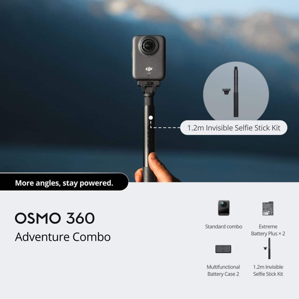 Mão a segurar uma câmara DJI Osmo 360 montada num bastão de selfie invisível de 1,2 m, com o conteúdo do pack Adventure Combo visível: duas baterias Extreme Battery Plus, estojo de carregamento multifunções e selfie stick invisível.