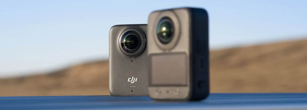 Câmara DJI Osmo 360 com visor e lente em destaque