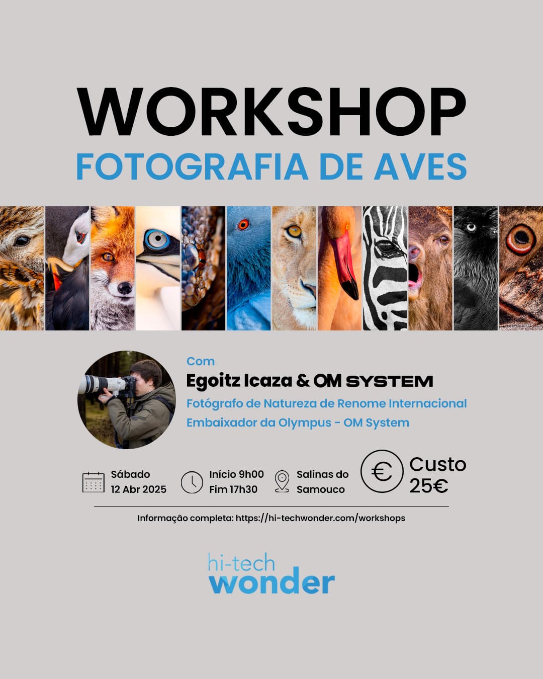 Cartaz de Divulgação do Workshop de Fotografia de Aves com Egoitz Icaza e OM System, com informações do evento.