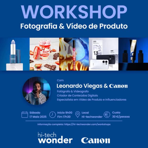 Cartaz de Divulgação do Workshop de Fotografia e Vídeo de Produto com Leonardo Viegas, com informações.