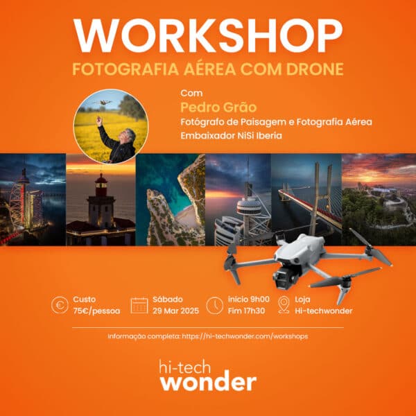 Cartaz de Divulgação do Workshop de Fotografia Aérea com Drone com Pedro Grão, com informações do evento.