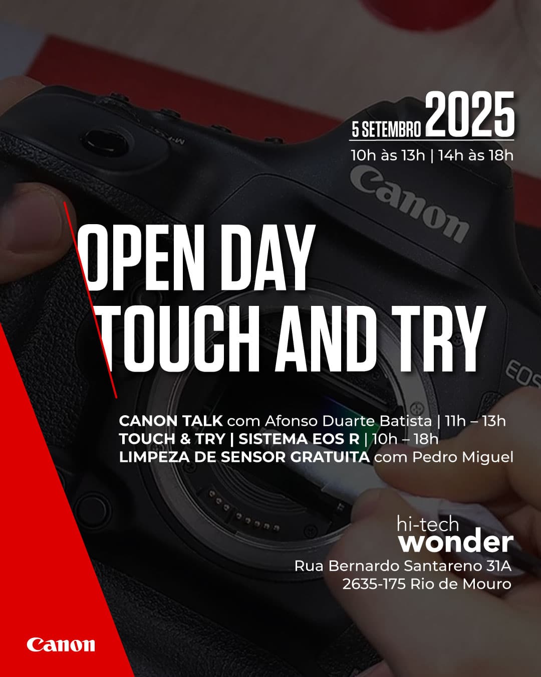 Cartaz de divulgação do evento Canon Open Day Touch and Try de 5 Set 2025.