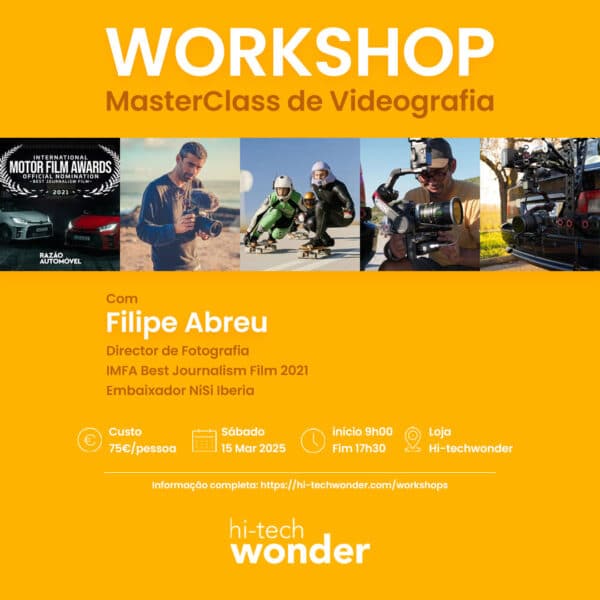 Cartaz de Divulgação do Workshop MasterClass de Videografia com Filipe Abreu, com informações do evento.