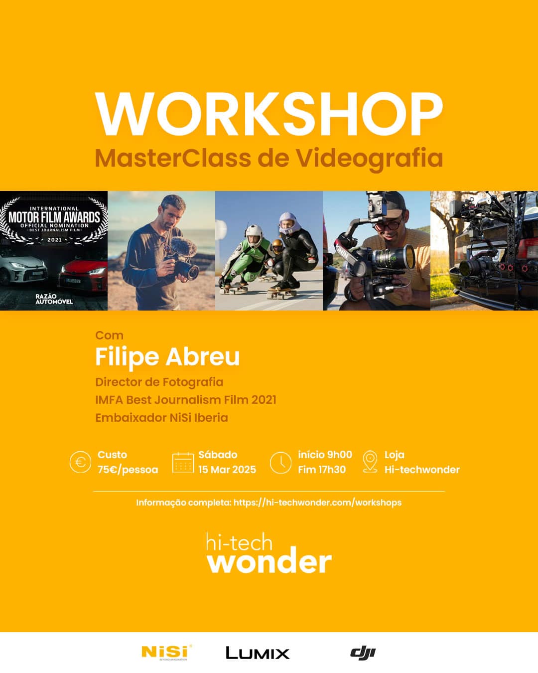 Cartaz de Divulgação do Workshop MasterClass de Videografia com Filipe Abreu, com informações do evento.