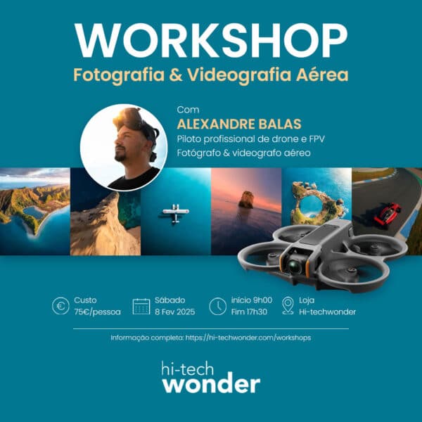 Cartaz de Divulgação do Workshop de Fotografia e Videografia Aérea com Alexandre Balas, com informações do evento.