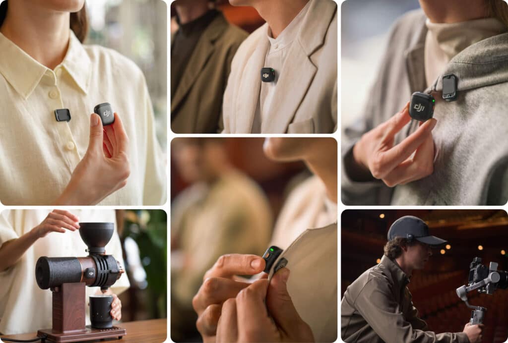 Pessoas a utilizar o DJI Mic 3 em vários contextos.