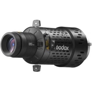 Godox BFP com montagem Bowens, objetiva de 85mm e controlo por gobos e lâminas para criar recortes e padrões de luz com precisão.