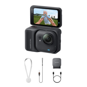 Câmara Preta Insta360 GO Ultra com acessórios.