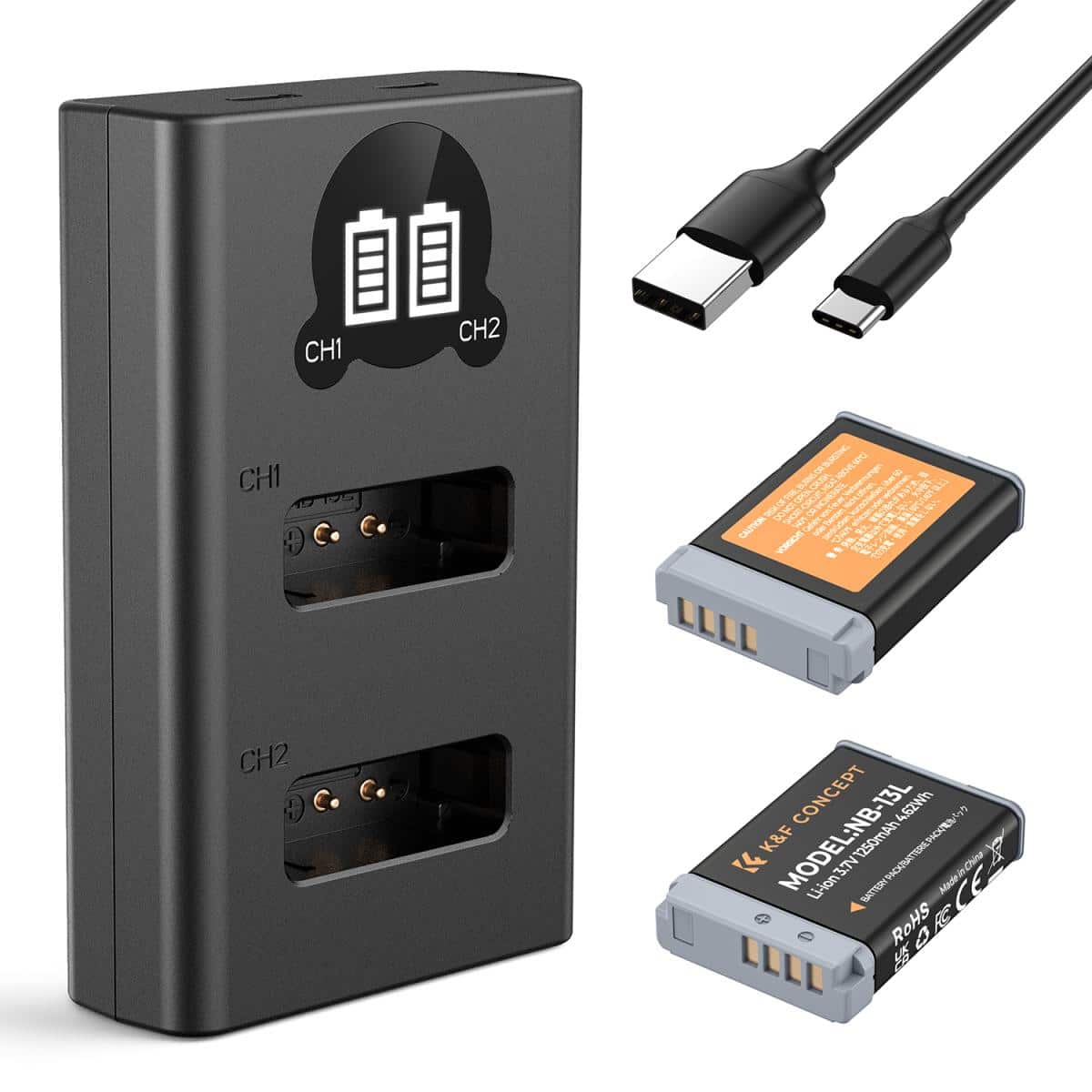 KF28.0043-1-1200x1200 K&F CONCEPT KF28.0043 Kit de Carregador Duplo + 2 Baterias NB-13L p/ Canon - Imagen 1