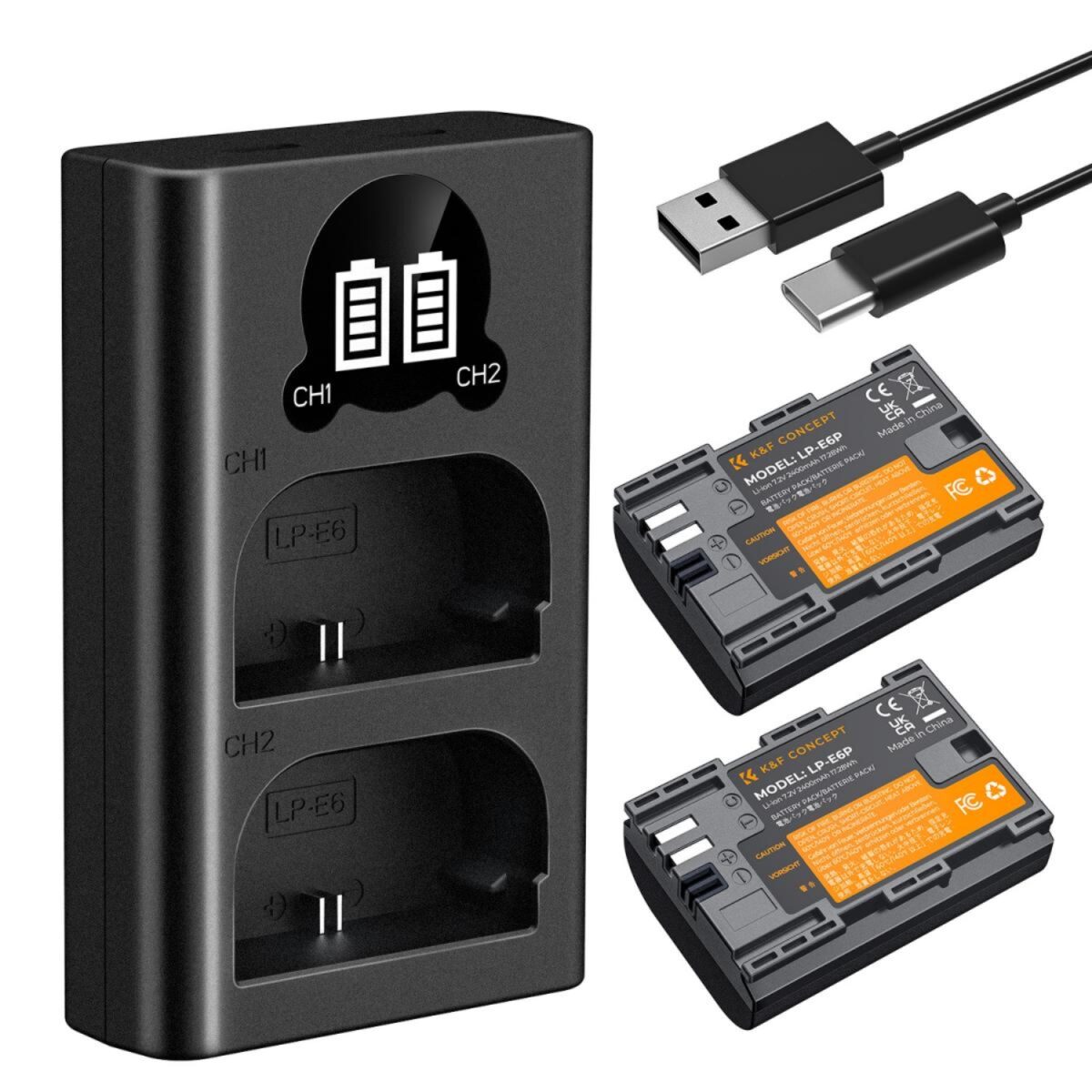 KF28.0093-1-1200x1200 K&F CONCEPT KF28.0093 Kit Carregador Duplo USB-C + 2 baterias LP-E6P - Imagem 1