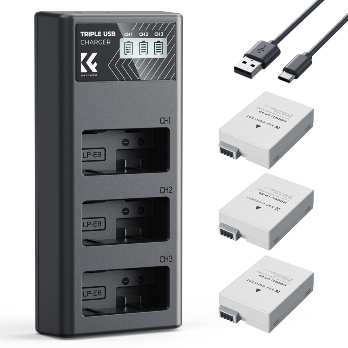 K&F CONCEPT Carregador triplo USB-C + 3 Baterias LP-E8 - Imagem 1