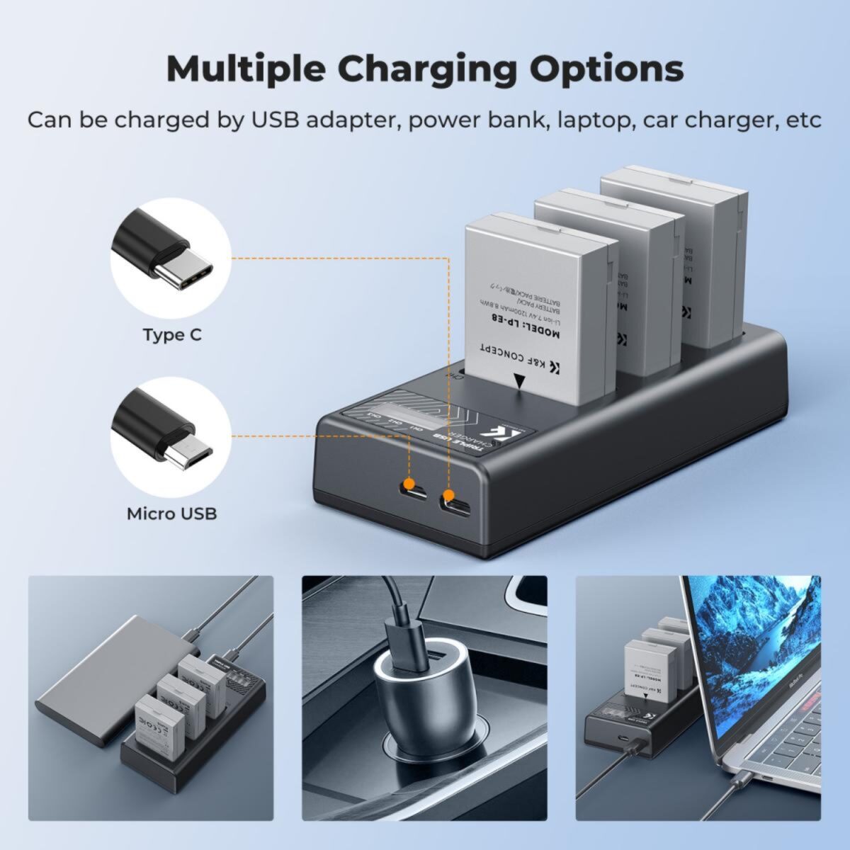 K&F CONCEPT Carregador triplo USB-C + 3 Baterias LP-E8 - Imagem 5