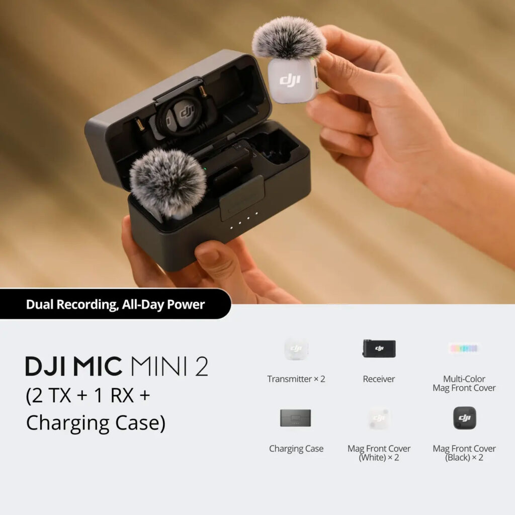 Conteúdo da embalagem - DJI Mic Mini 2 (2 TX + 1 RX + Caixa de Carregamento):