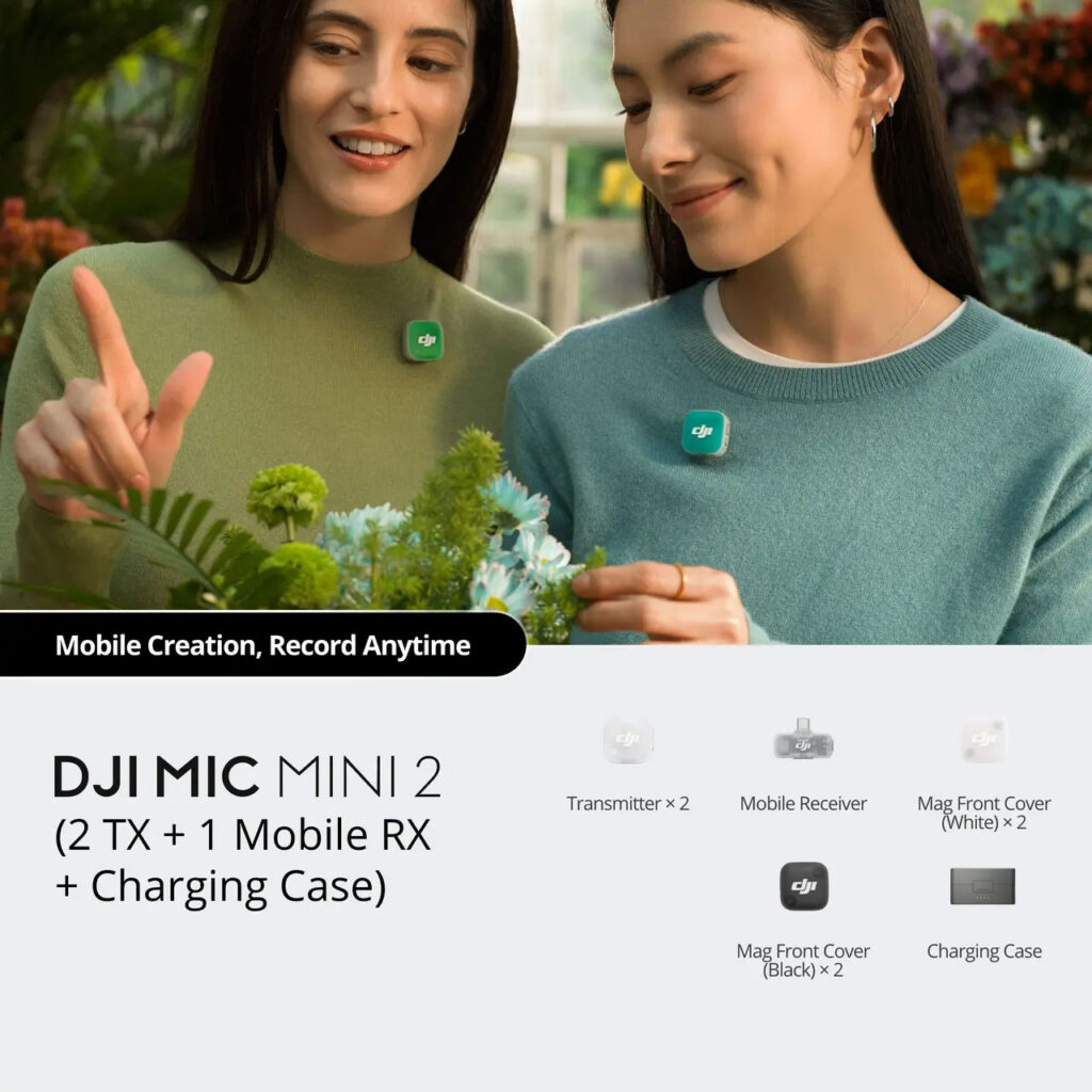 Conteúdo da embalagem - DJI Mic Mini 2 (2 TX + 1 Mobile RX + Caixa de Carregamento):