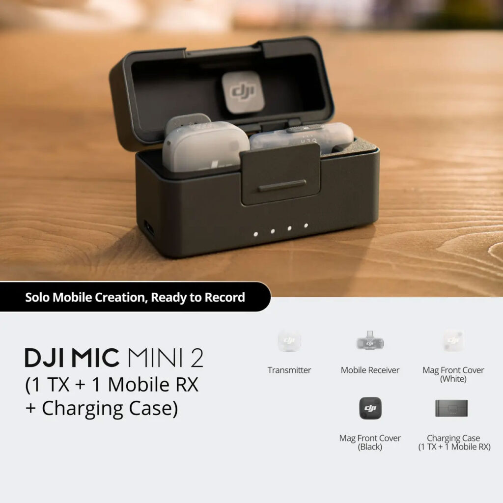 Conteúdo da embalagem - DJI Mic Mini 2 (1 TX + 1 Mobile RX + Caixa de Carregamento):