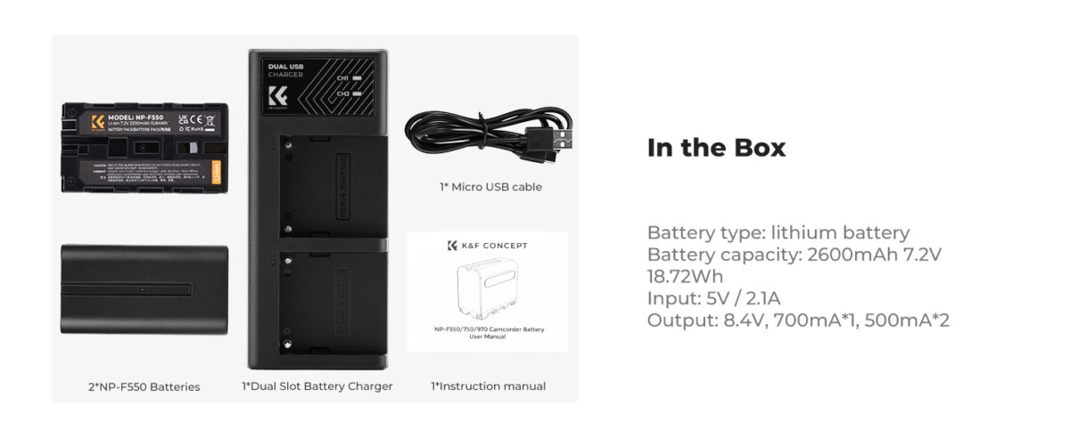K&F CONCEPT KF28.0046 Kit Carregador Duplo USB-C + 2 Baterias NP-F550 - Imagem 3