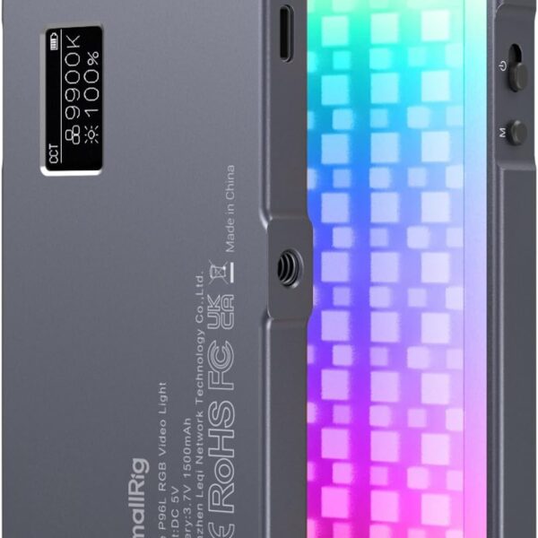 SMALLRIG Vibe P96L RGB, luz de vídeo LED compacta com temperatura de cor ajustável, efeitos RGB e bateria integrada de 1500mAh.